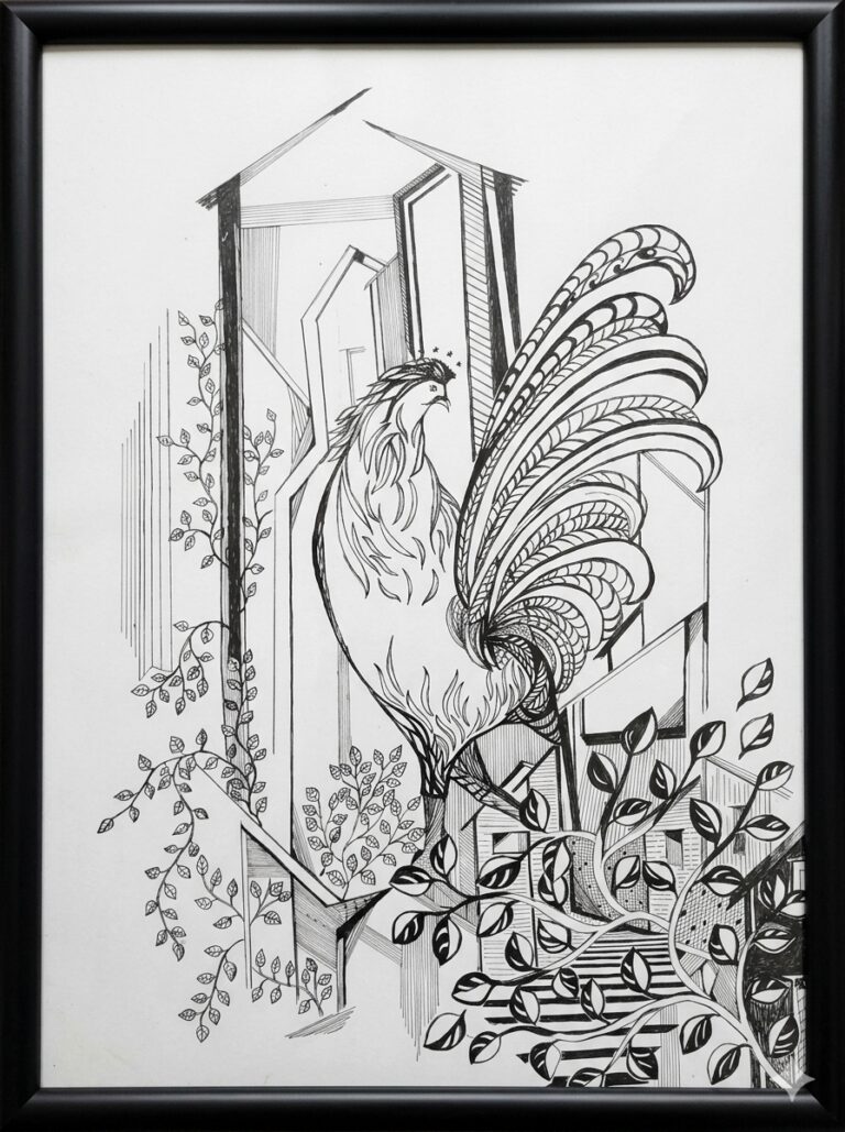 Cockerel 1. 22 in x 30 in. Pen & Ink on Paper