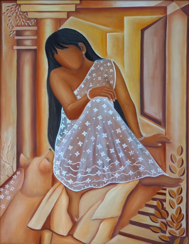 Girl with a dog. 37 in x 48 in. Acrylic on Canvas.