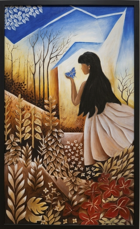 Girl with Blue Butterfly. 21in x 34 in. Acrylic on Canvas.