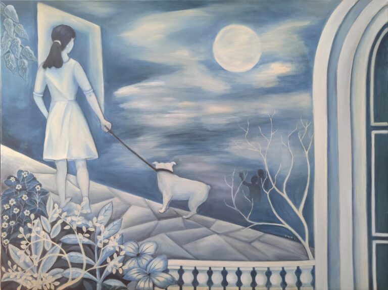 Girl with dog. 40 in X 30 in. Acrylic on Canvas.